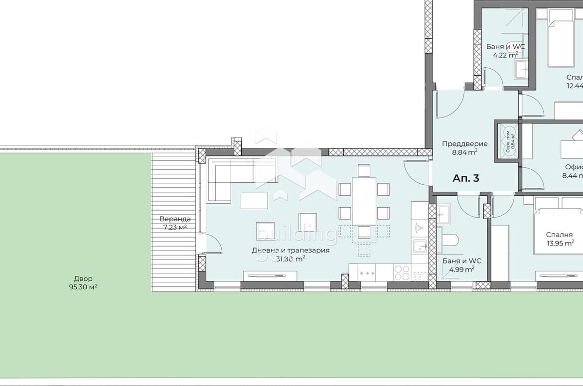 С АКТ 16! Голям апартамент с две спални и офис, както и голям озеленен двор от 100 кв.м. - 0