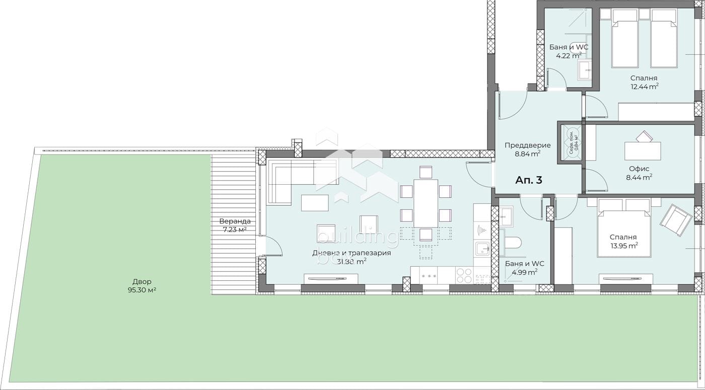 С АКТ 16! Голям апартамент с две спални и офис, както и голям озеленен двор от 100 кв.м. - 0